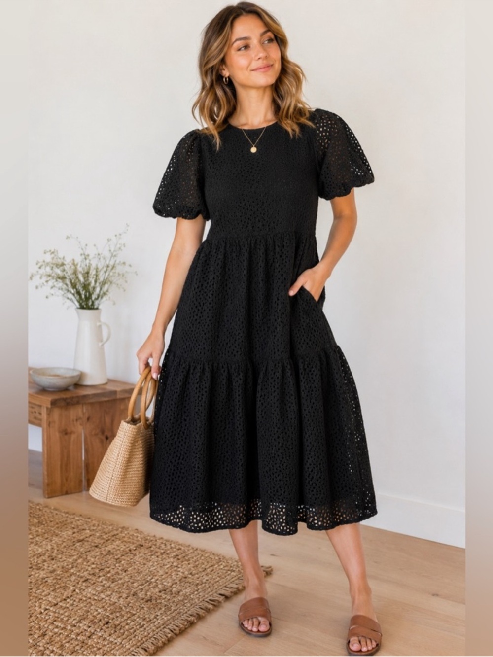 EVERLANE Tiered Eyelet Maxi Dress Black in Medium